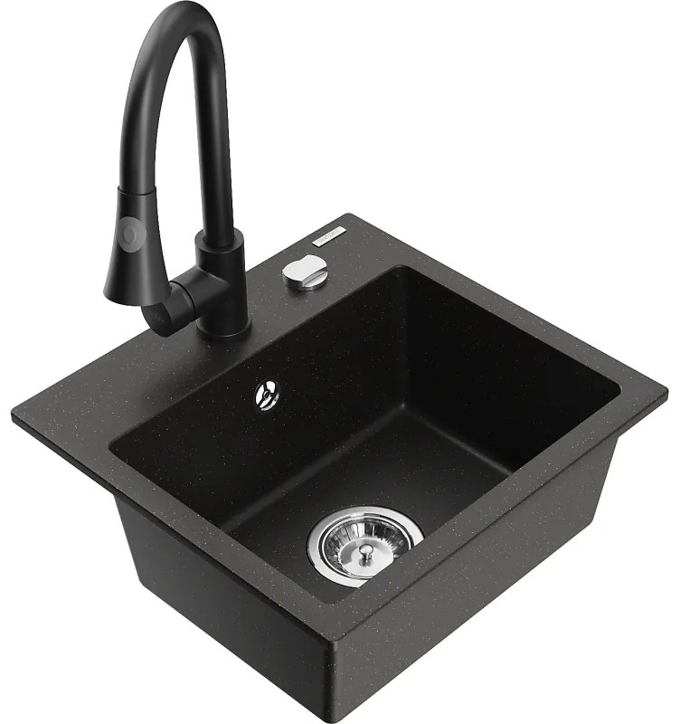 Mexen Milo, 1-komorový granitový drez 435x410x171 mm a drezová batéria Elia, čierna-zlatá metalíza, 6505-75-670101-70