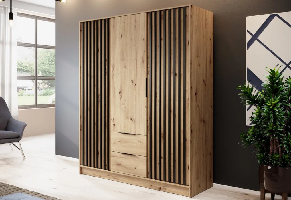 Šatníková skriňa so zrkadlom BELANDA 2D, 105x200x51, dub artisan/čierna
