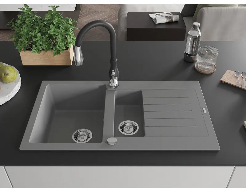 Mexen Matias, 1,5-komorový granitový drez 900x505x200 mm a drezová batéria Savita, šedá, 6502-71-672601-70