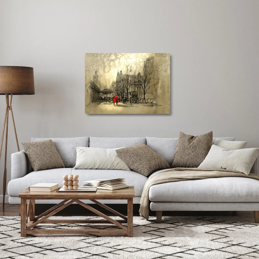 Sklenený obraz - Skica mestečka (70x50 cm)