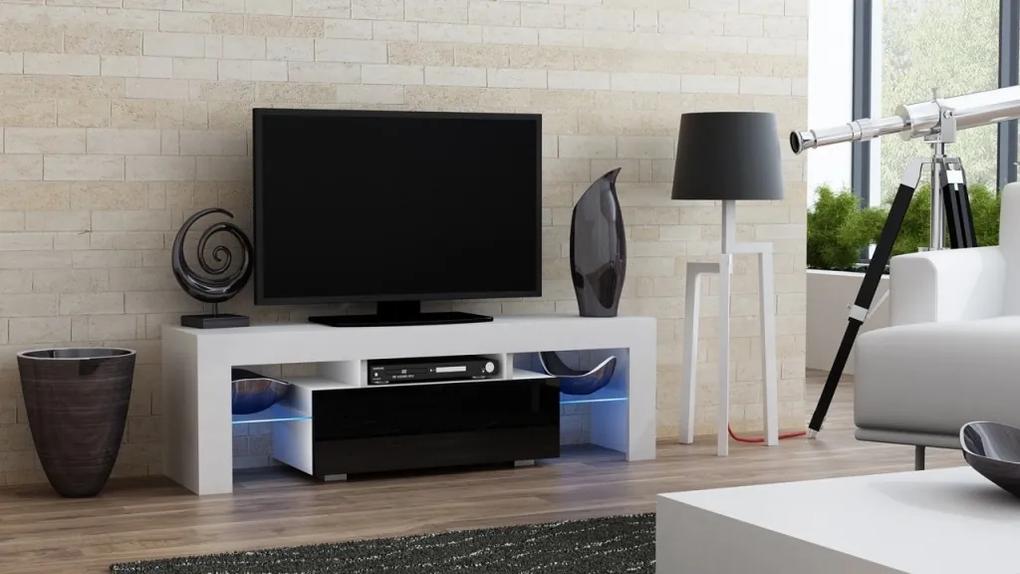 Mazzoni TV stolík MILANO lesklý 130 LED biely, čierna zásuvka