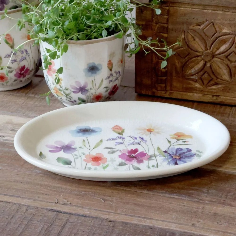 Béžový antik keramický podnos s kvetmi Fleurville - 25*18*2 cm