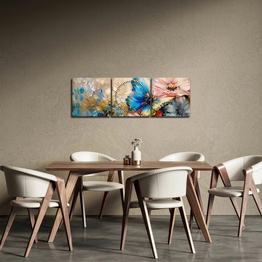 Obraz - Maľba kvetov a motýľov (s hodinami) (90x30 cm)