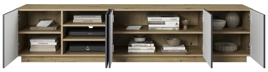 TV stolík Asha 200 cm na sokli - artisan / rivier stone mat