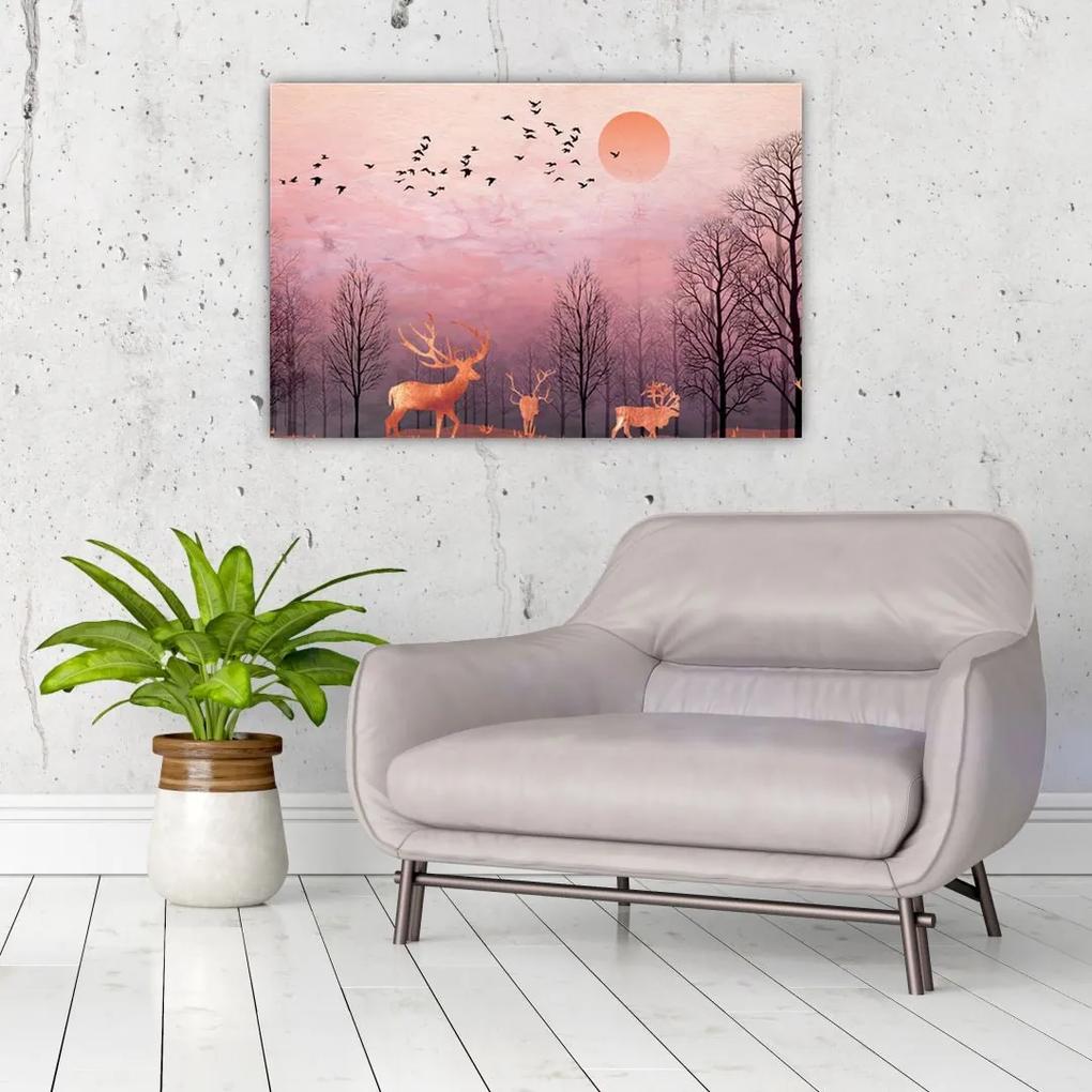 Obraz - Jelene v žiare zapadajúceho slnka (90x60 cm)