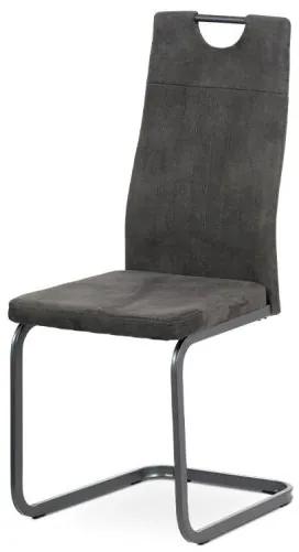 Jedálenská stolička s jednoduchým dizajnom je čalúnená látkou sivej farby