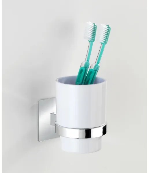 WENKO 23847800-Kelímok na zubné kefky TURBO-LOC QUADRO ED. 7x9,5 cm lesklý chróm/biela