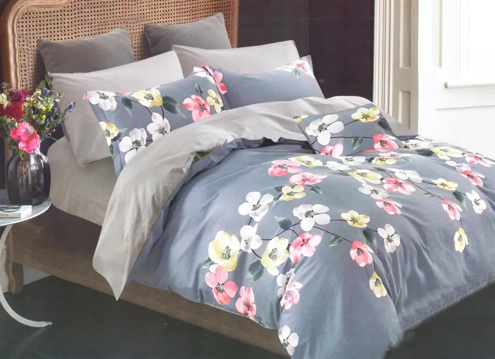DomTextilu Krásne modro sivé bavlnené posteľné obliečky s kvetmi 3 časti: 1ks 160 cmx200 + 2ks 70 cmx80 Modrá 33037-163707