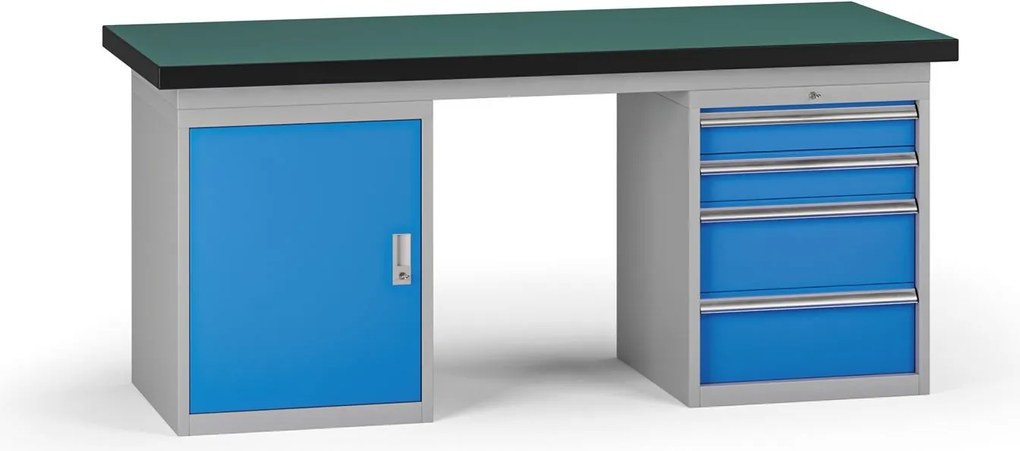 Pracovný stôl do dielne G8, 1800 x 750 x 800 mm, 1x skrinka, 1x kontejner, 4 zásuvky, modrá