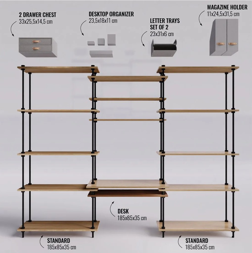 Regál s písacím stolom DECO s 15 policami a sivým príslušenstvom, 185x235x35/52,5 cm