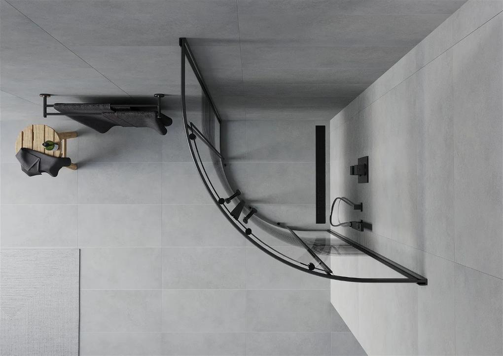 Mexen Rio, štvrťkruhový sprchovací kút s posuvnými dverami 90 (dvere) x 90 (dvere) x 190 cm, 5mm číre sklo s pásikmi, čierny profil, 863-090-090-70-20