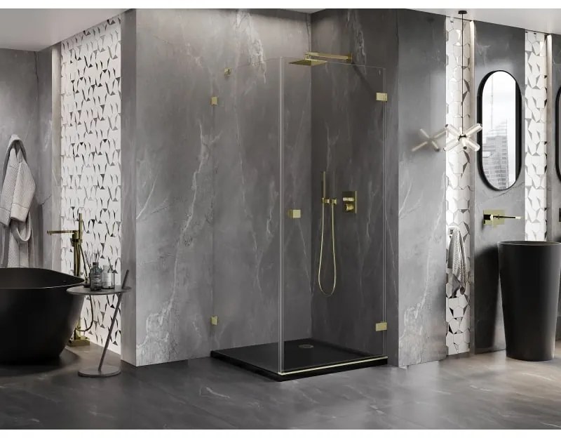 Mexen Lunar-B, pravostranný výklopný sprchový kút 90 x 90 cm, 8mm číre sklo, zlatý kartáčovaný - 832-090-090-55-00-P