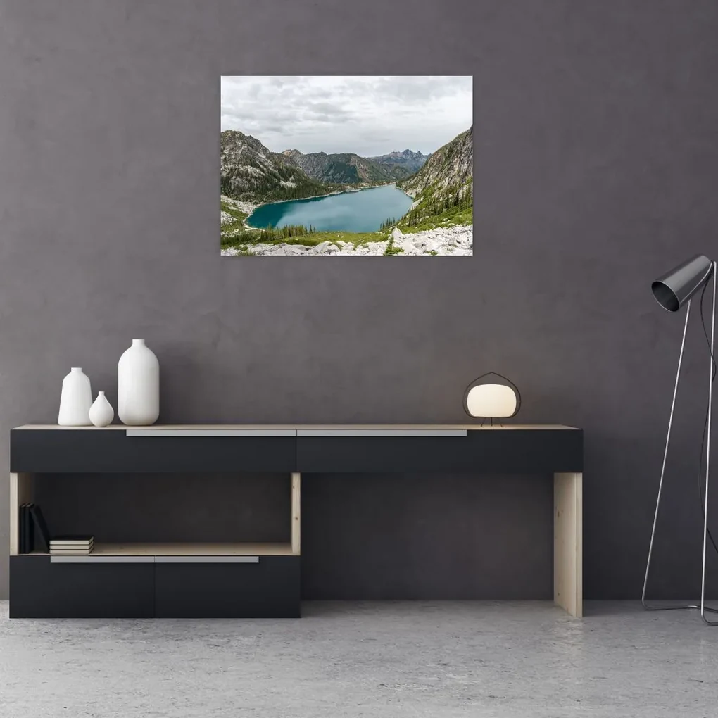 Sklenený obraz jazera v horách (70x50 cm)