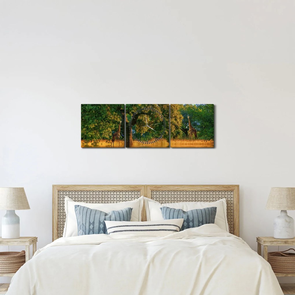 Obraz žirafy v prírode (s hodinami) (90x30 cm)