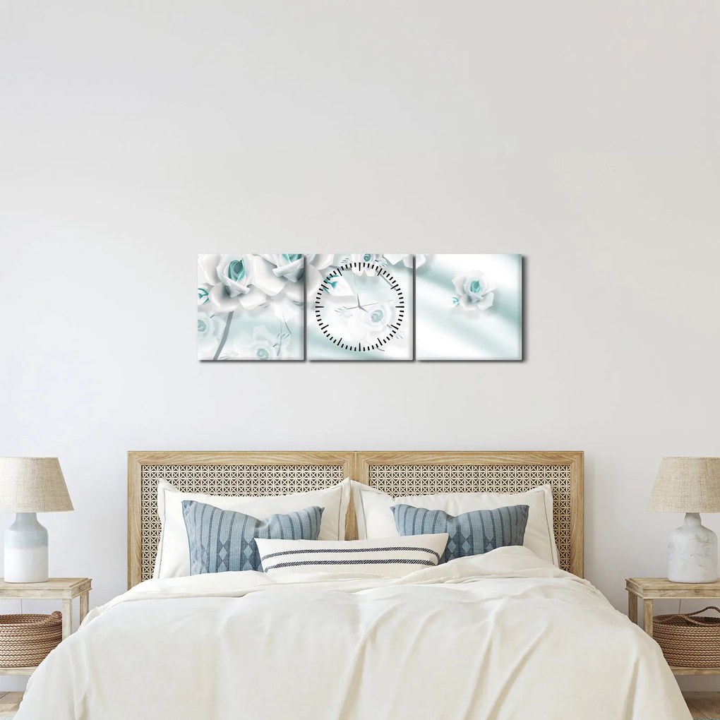 Obraz - Tyrkysové kvety ruží (s hodinami) (90x30 cm)