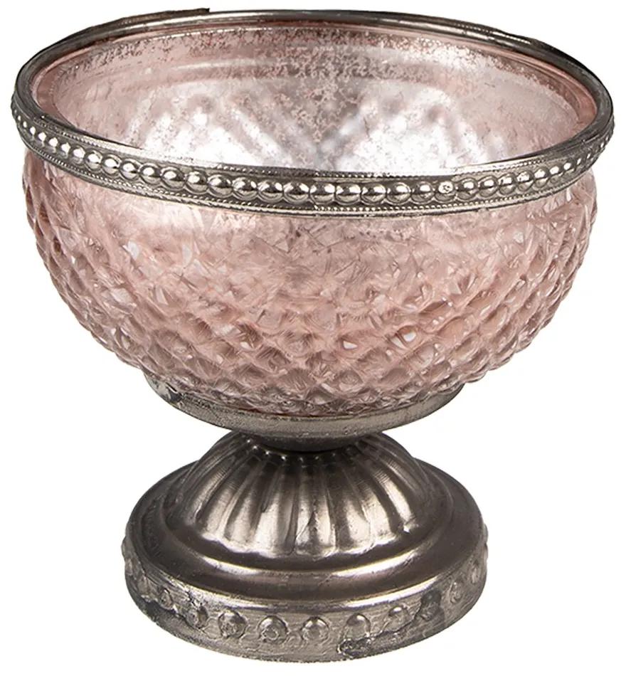 Ružový sklenený svietnik na čajovú sviečku s ozdobným okrajom - Ø 11*10 cm