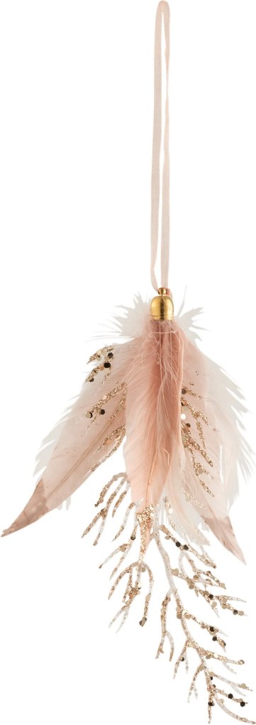 Závesná ozdoba vetvička so zlatými glitrami a ružovými pierkami - 8*2*18 cm