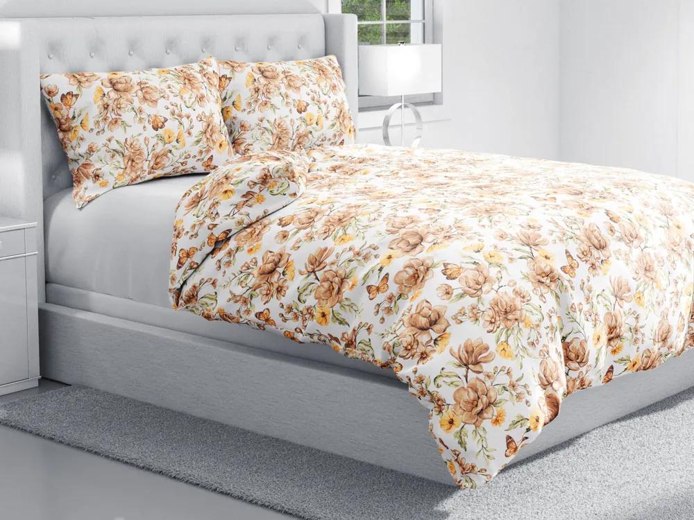Biante Bavlnené posteľné obliečky Sandra SA-458 Hnedé kvety magnólie s motýlikmi na bielom Predĺžené 140x220 a 70x90 cm