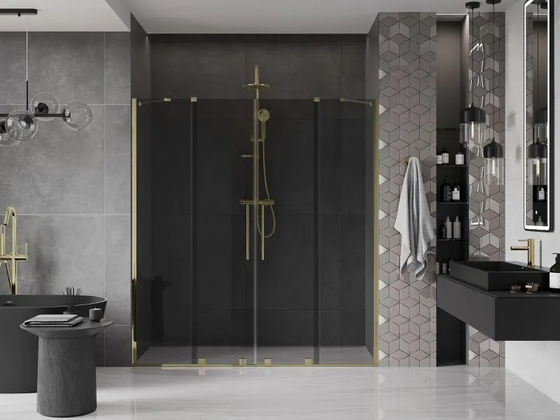 Mexen Velar Duo, posuvné sprchové dvere do otvoru 200 cm, 8mm šedé sklo, zlatá lesklá, 871-200-000-42-50