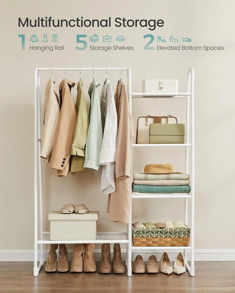 SONGMICS Stojan na oblečenie s tyčou a 5 policami na uloženie 40×101×153 cm, biely