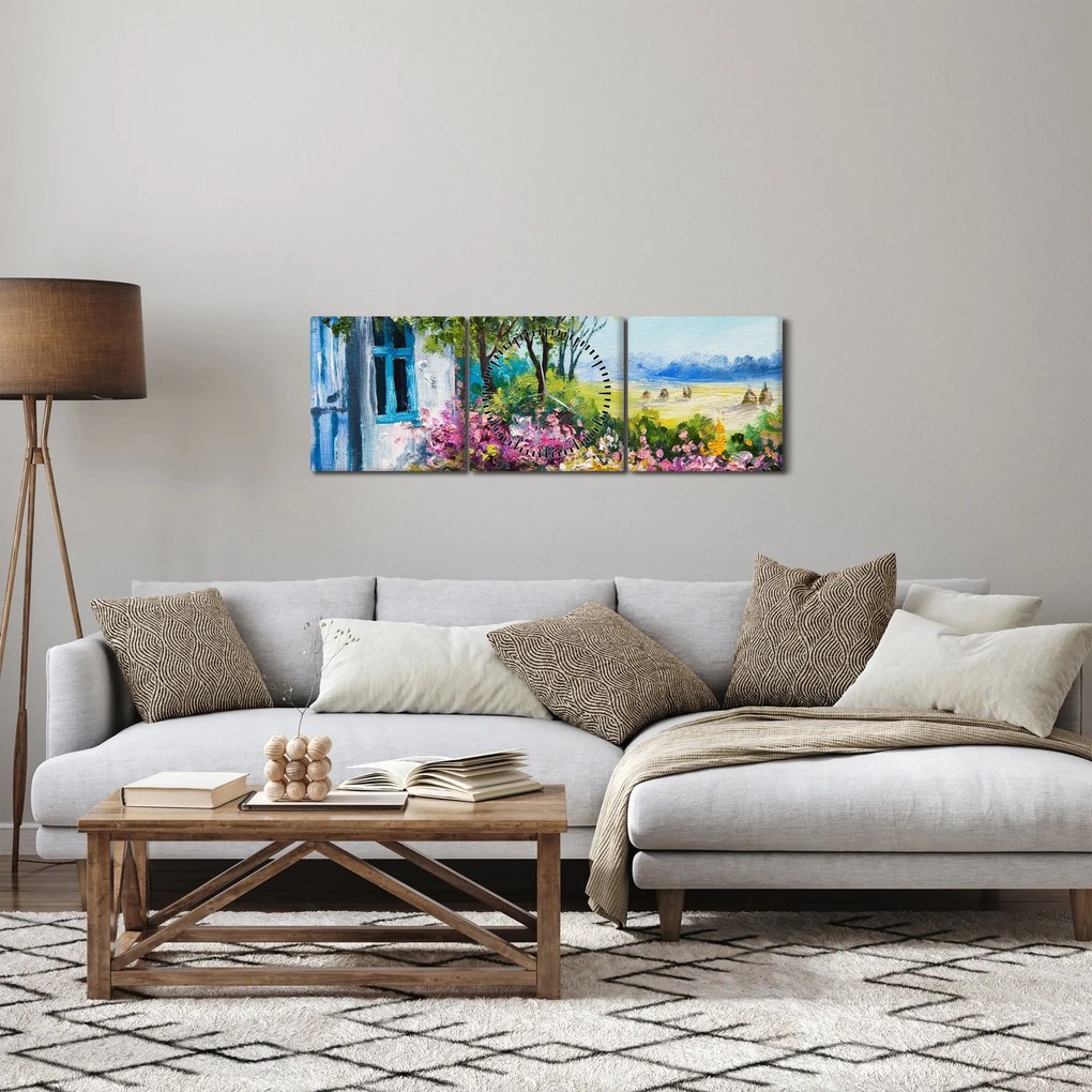 Obraz záhradky pred domom, olejomaľba (s hodinami) (90x30 cm)