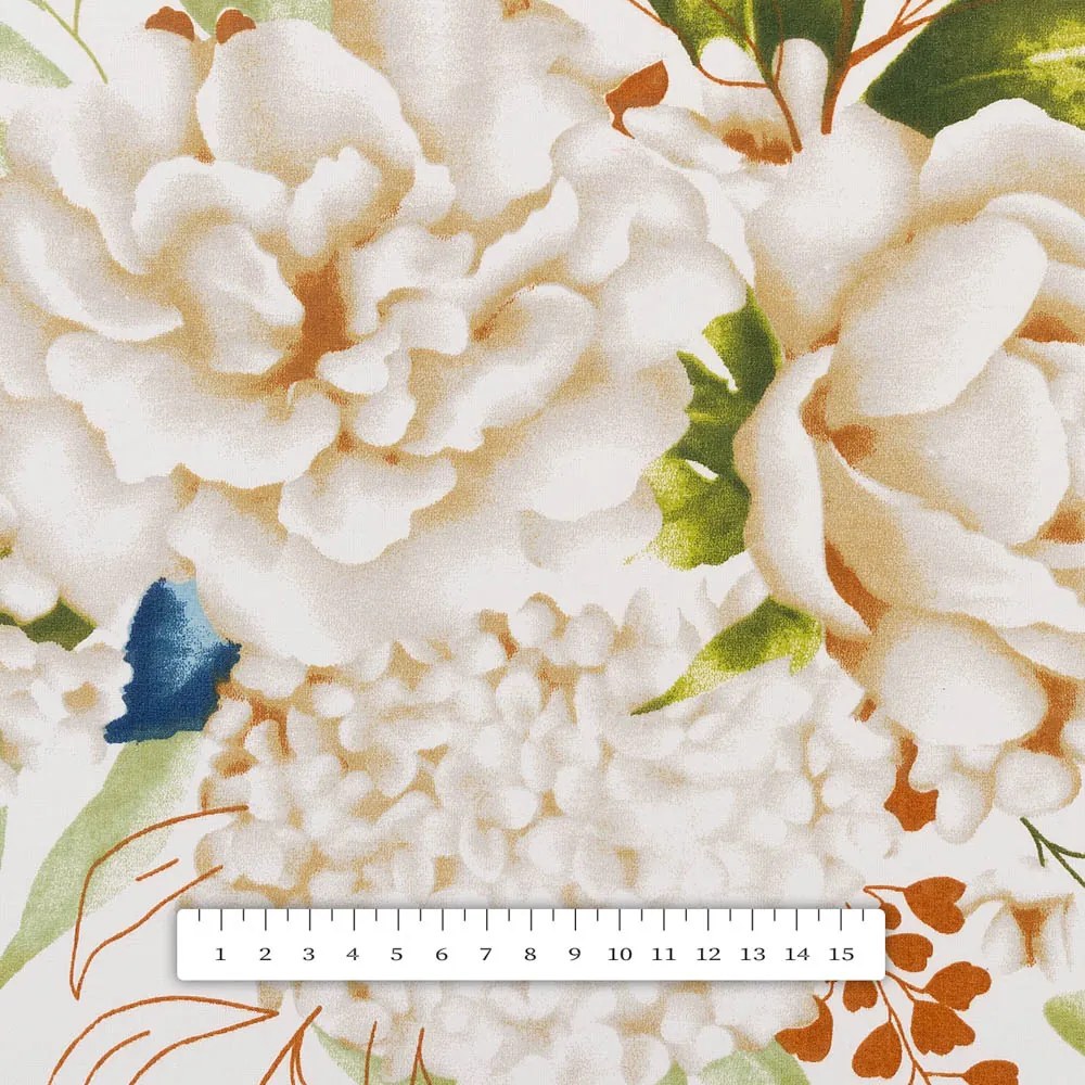 Biante Bavlnený behúň na stôl Sandra SA-668 Kvety a modro-zelené listy na bielom 20x120 cm