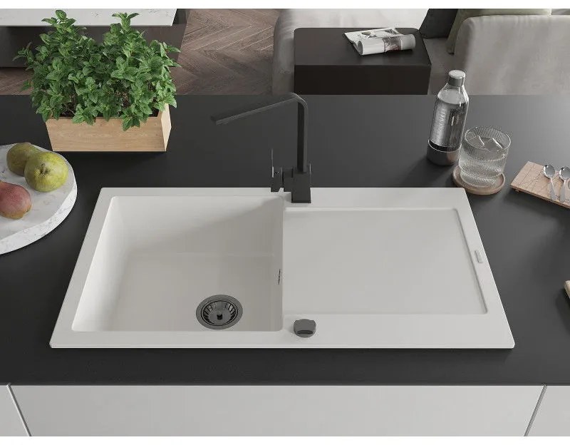 Mexen Leo, drez granitový 900x500x190 mm, 1-komorový, biely s čiernym sifónom a čierna drezová batéria Rita, 6501-20-670300-70