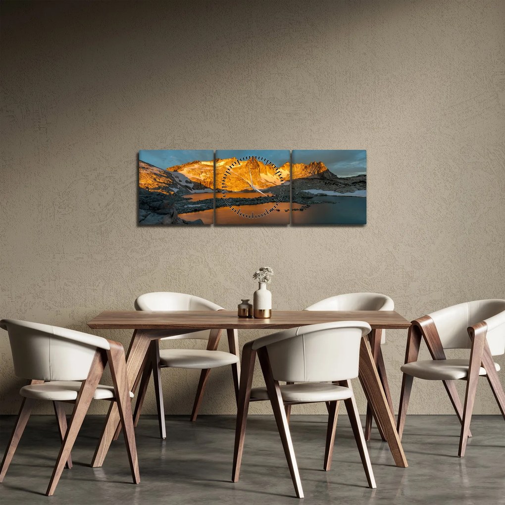 Obraz vysokohorskej krajiny (s hodinami) (90x30 cm)