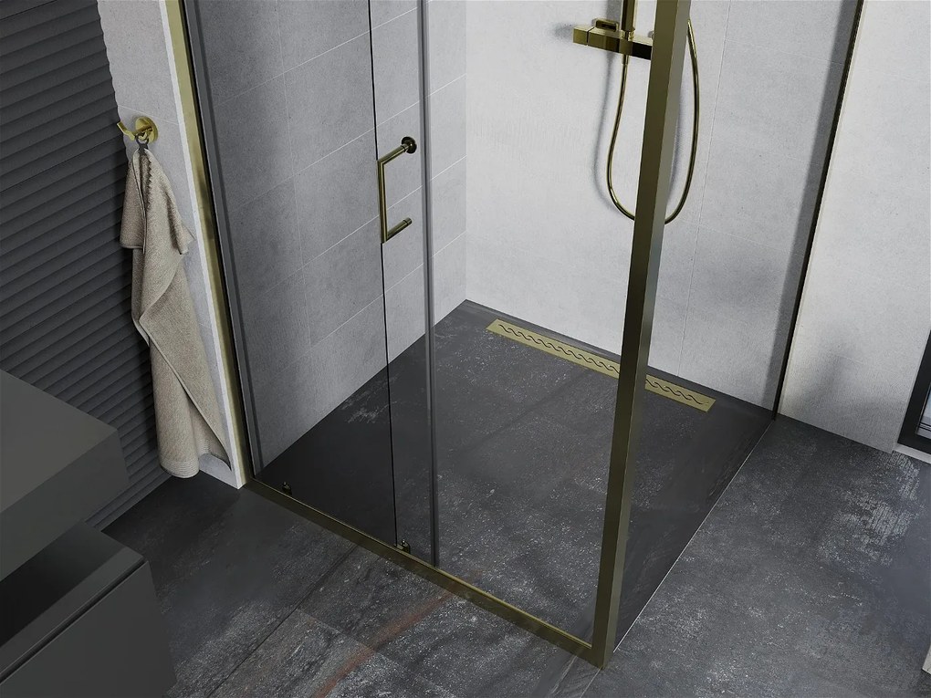 Mexen Apia sprchovací kút s posuvnými dverami 90 (dvere) x 100 (stena) cm, 5mm číre sklo, zlatý profil, 840-090-100-50-00