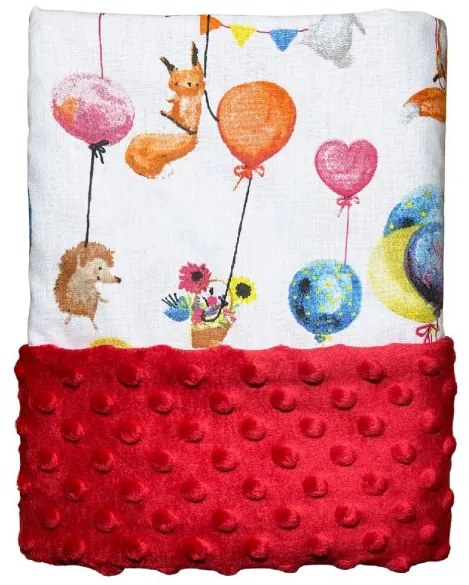 Deka Zvieratká na balónikoch/minky červená 60x70 cm – detská deka s veselým motívom