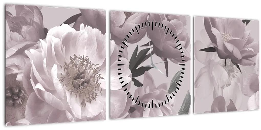 Obraz - Vintage kvety pivoniek (s hodinami) (90x30 cm)