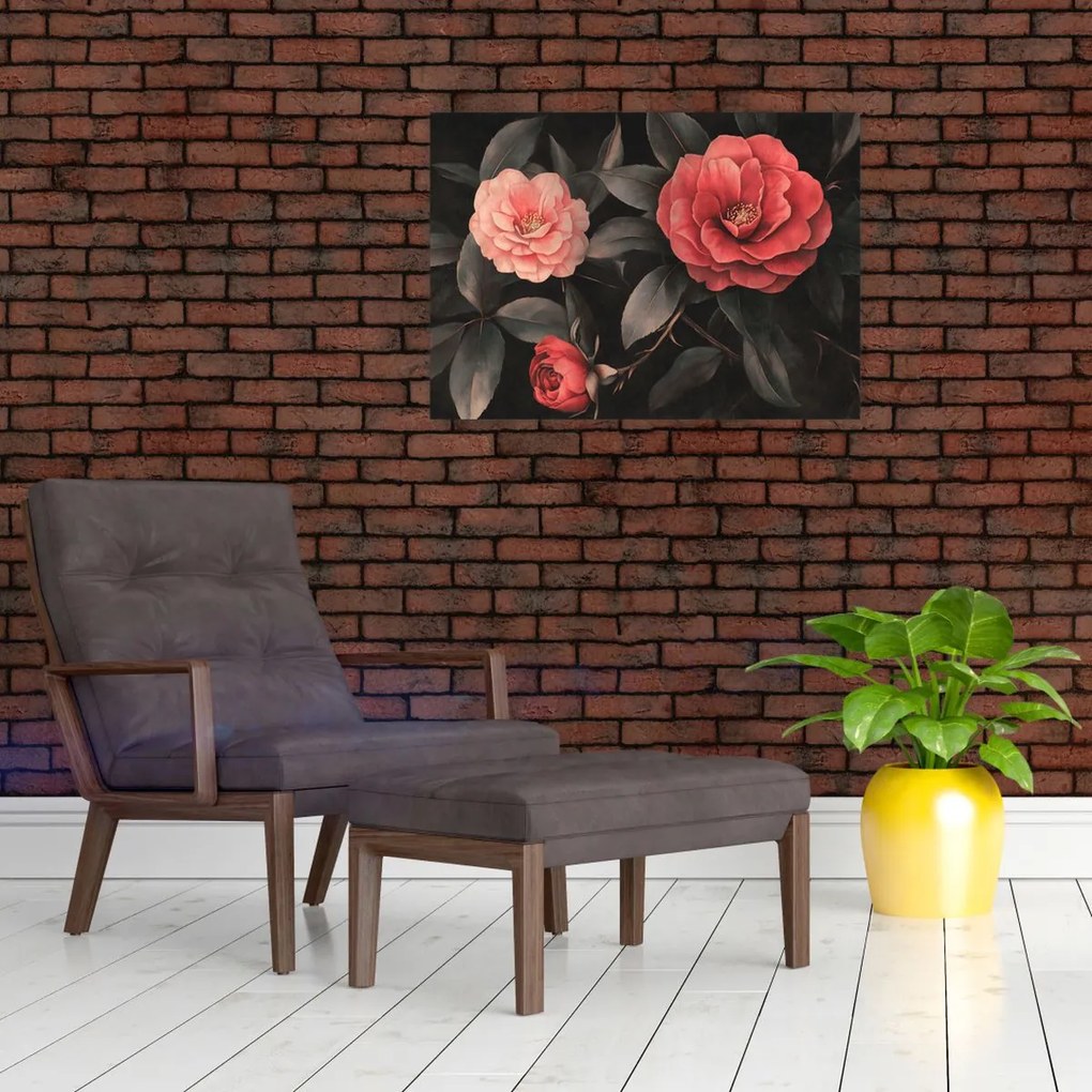 Sklenený obraz - Červené kvety na tmavom pozadí (70x50 cm)