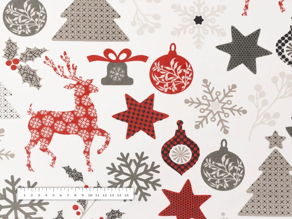 Biante Bavlnený záves Sandra SA-541 Sivo-červené vianočné motívy na bielom 150x230 cm
