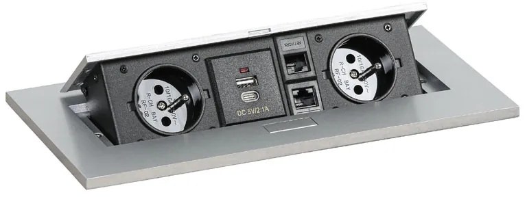 Zásuvkový box TYP II - výklopný, 2x zásuvka, USB-A + USB-C, 2x RJ45 port, strieborná