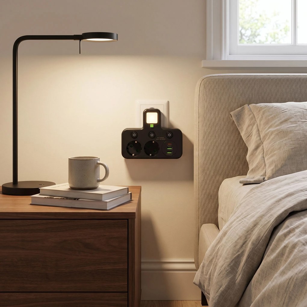 Toolight Toolight, JNH017, zásuvkový rozbočovač 2 zásuvky + 2× USB-A + USB-C s LED svetlom, čierna, OSW-56308