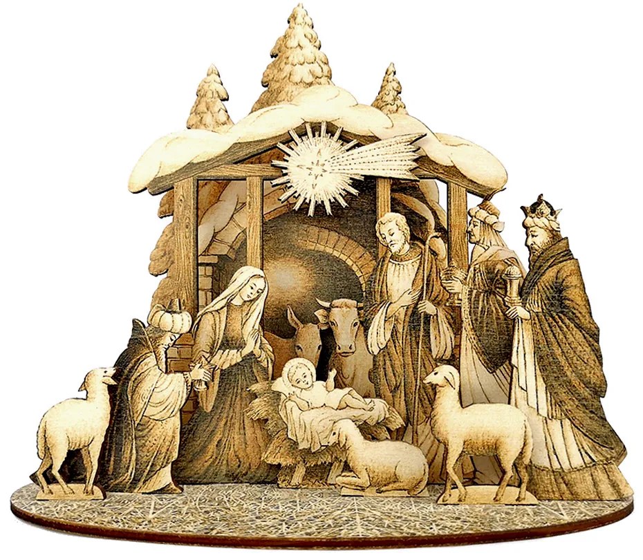 AMADEA Drevený skladací betlehem sépiový 3D 20 cm