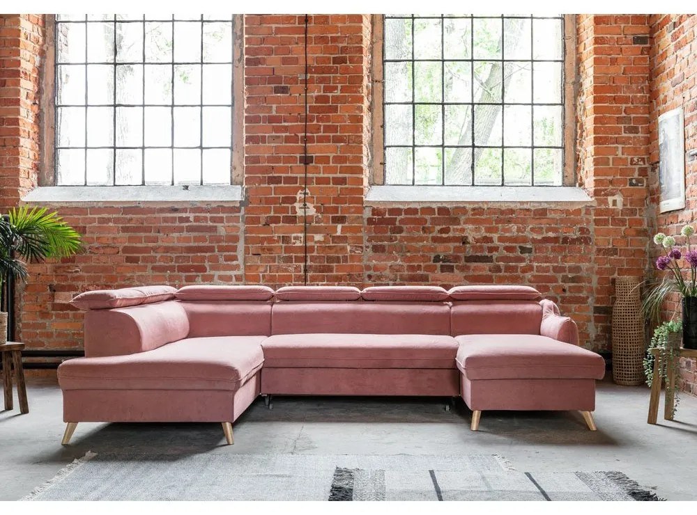 Svetloružová zamatová rozkladacia rohová pohovka do "U" (ľavý roh) Sweet Harmony – Miuform