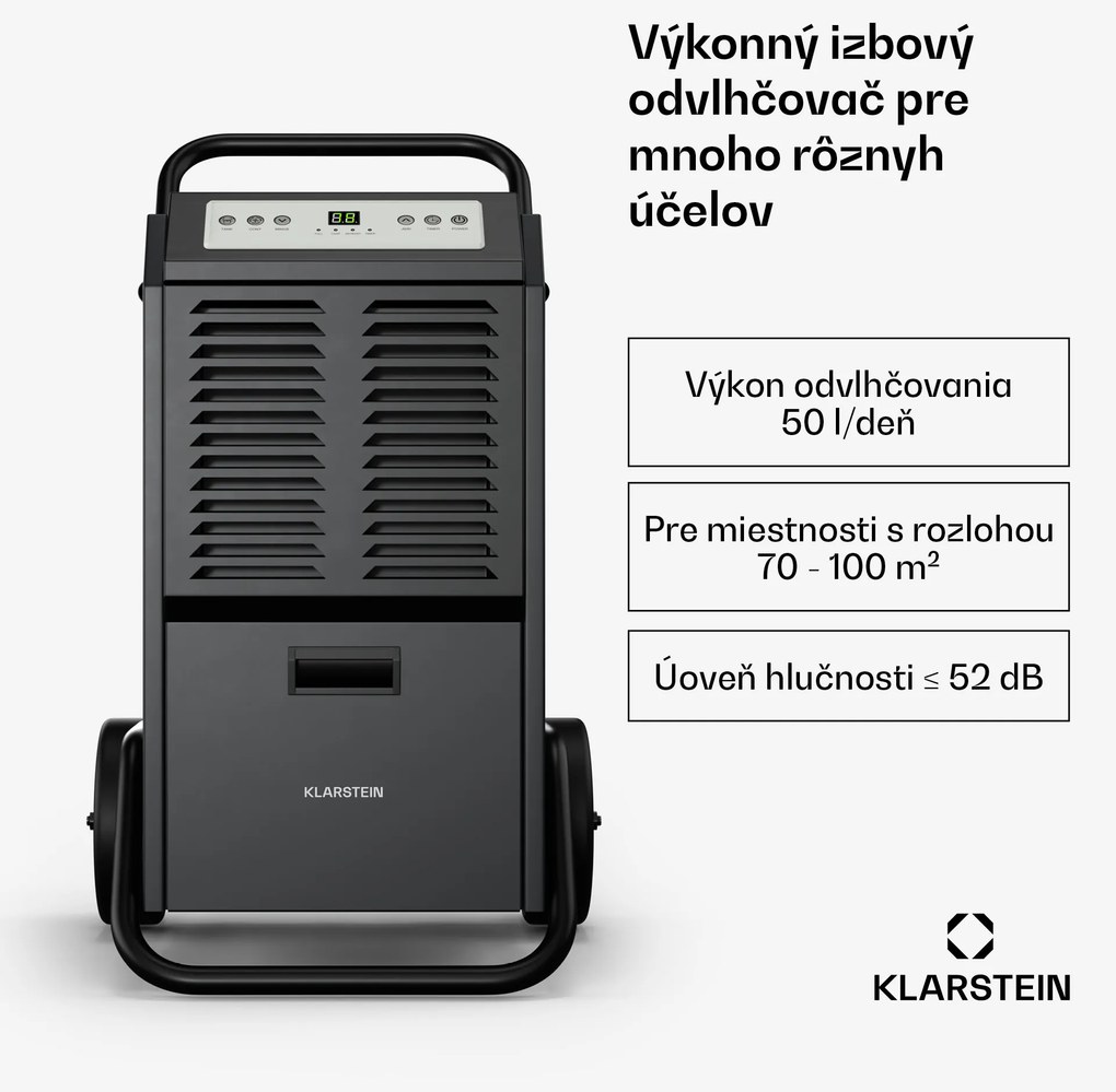 Klarstein DuraDry 50L odvlhčovač vzduchu, 50 l/deň, 50-80 m², nehrdzavejúca oceľ, mobilný, 450 m³/h
