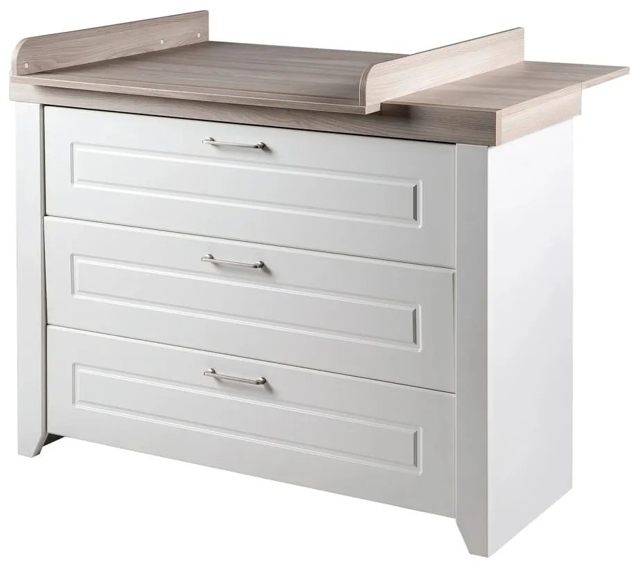 Biela nízka detská komoda v dekore brestu s prebaľovacím pultom 120x98 cm Felicia – Roba