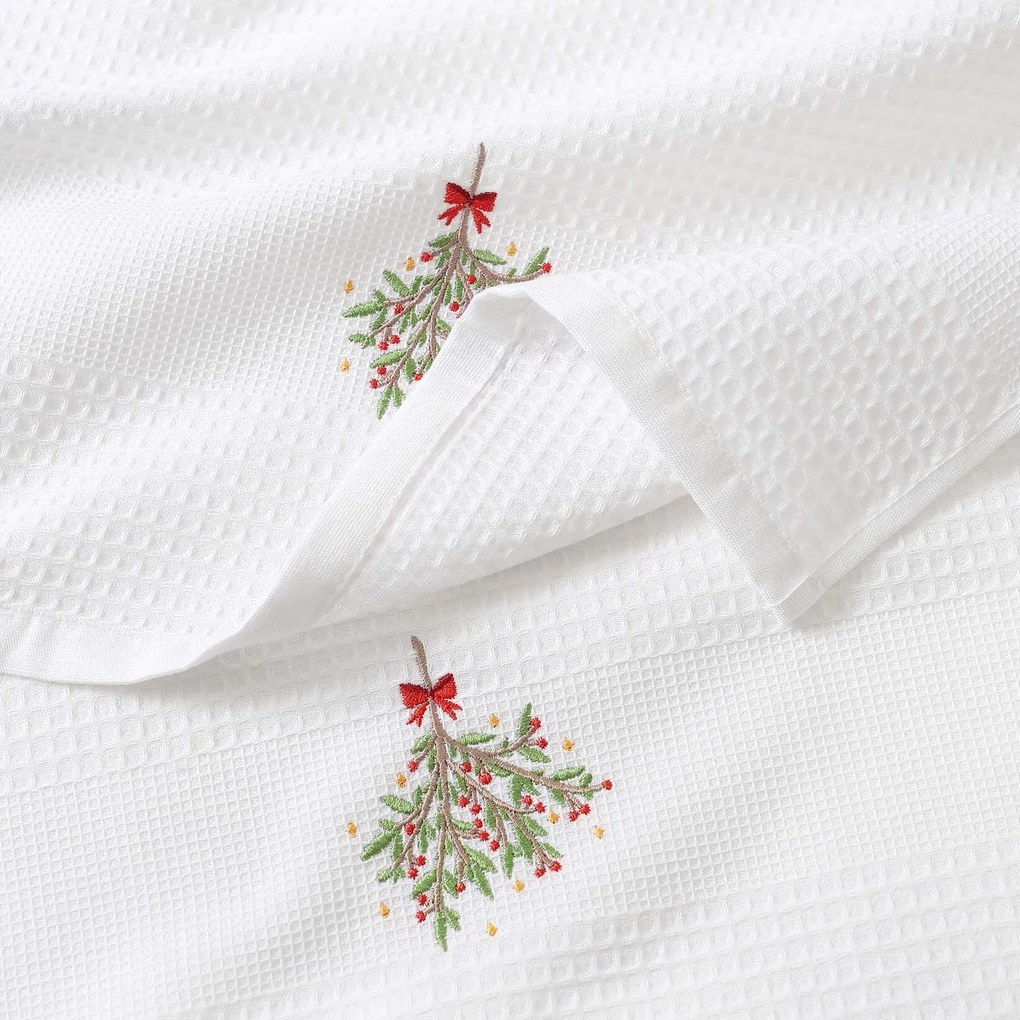 Goldea vianočná kuchynská vaflová utierka s výšivkou - imelo na bielom 50 x 70 cm