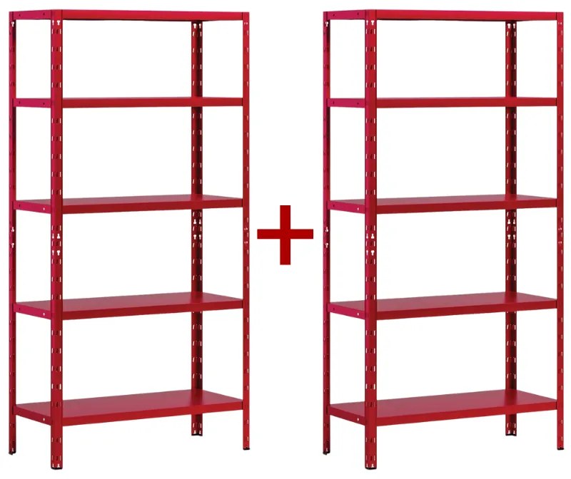 Policový regál 1+1 ZADARMO, 1800x900x400 mm, 5 políc, nosnosť police 70 kg, červený