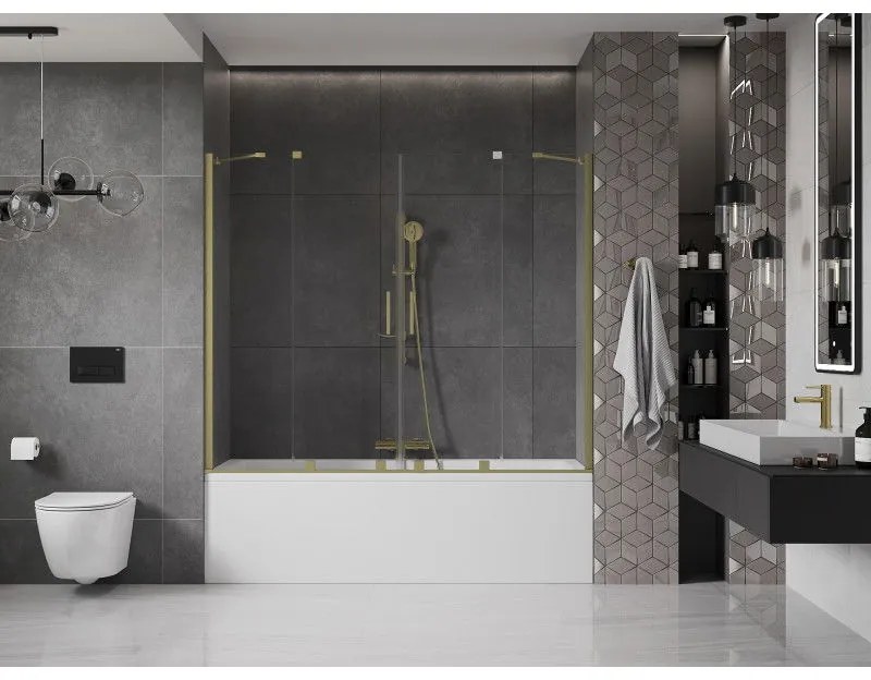 Mexen Velar Duo, 2-krídlová posuvná vaňová zástena 200 x 150 cm, 8mm číre sklo, zlatý matný profil, 896-200-000-02-55