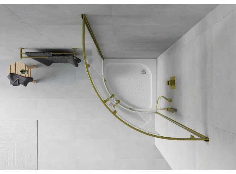 Mexen Rio, štvrťkruhový sprchovací kút s posuvnými dverami 90(dvere) x 90(dvere) x 190 cm, 6mm číre sklo s pásikmi, zlatý profil + biela sprchová vanička RIO, 863-090-090-50-20-4710