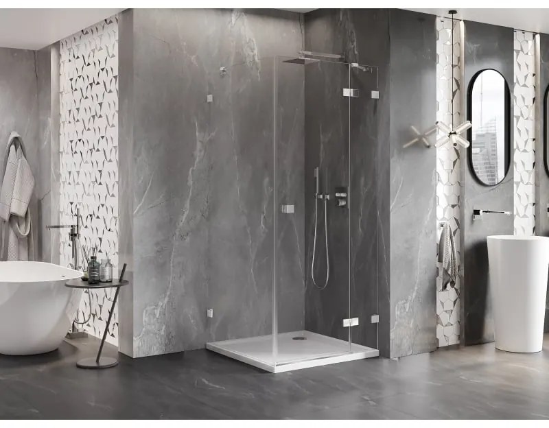 Mexen Lunar, pravostranný výklopný sprchový kút 90 x 90 cm, 8mm číre sklo, chrómový profil, 834-090-090-01-00-P