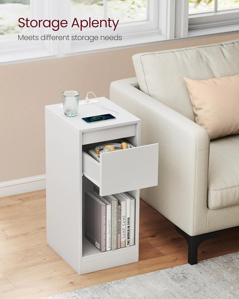 Úzky nočný stolík s nabíjacou stanicou a LED svetlom, s USB portami, biely