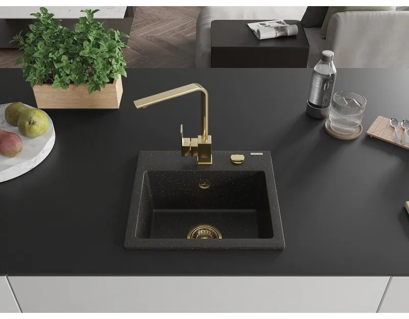 Mexen Milo, 1-komorový granitový drez 435x410x171 mm a zlatá batéria Rita, čierna-zlatá metalíza, 6505-75-670300-50
