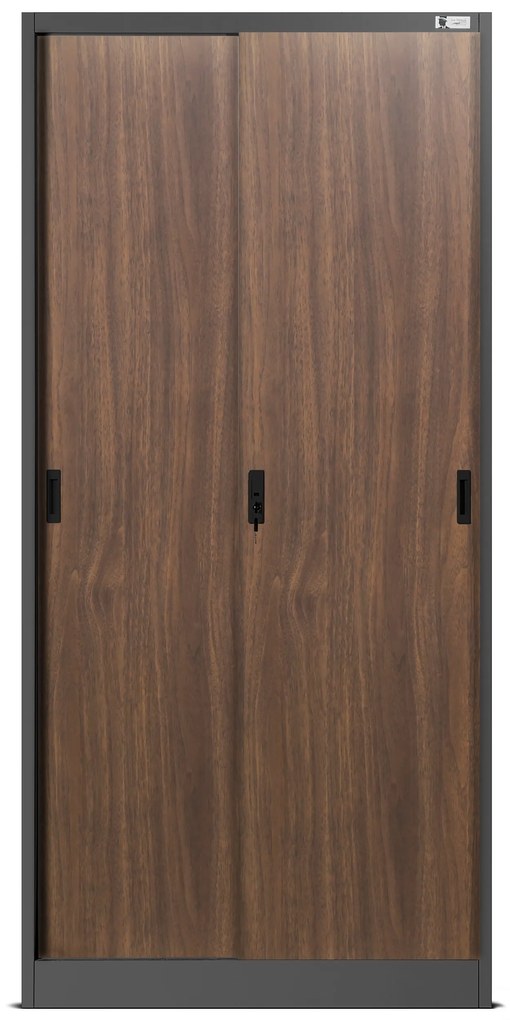 Kovová spisová policová skriňa s posuvnými dverami KUBA, 900 x 1850 x 400 mm, Eco Design: antracitová/ orech