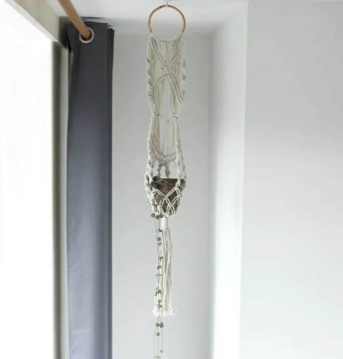 Macramé závesný držiak na kvetináč - Ratanová obruč