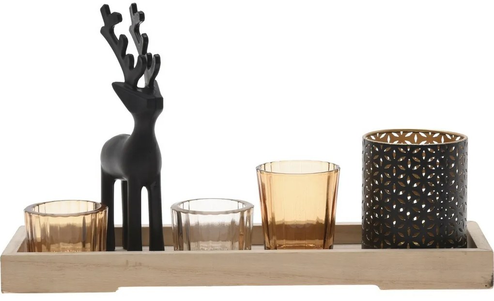 Dekoračná sada svietnikov na podstavci Reindeer 6 ks, 31,5 x 9,5 x 2,5 cm