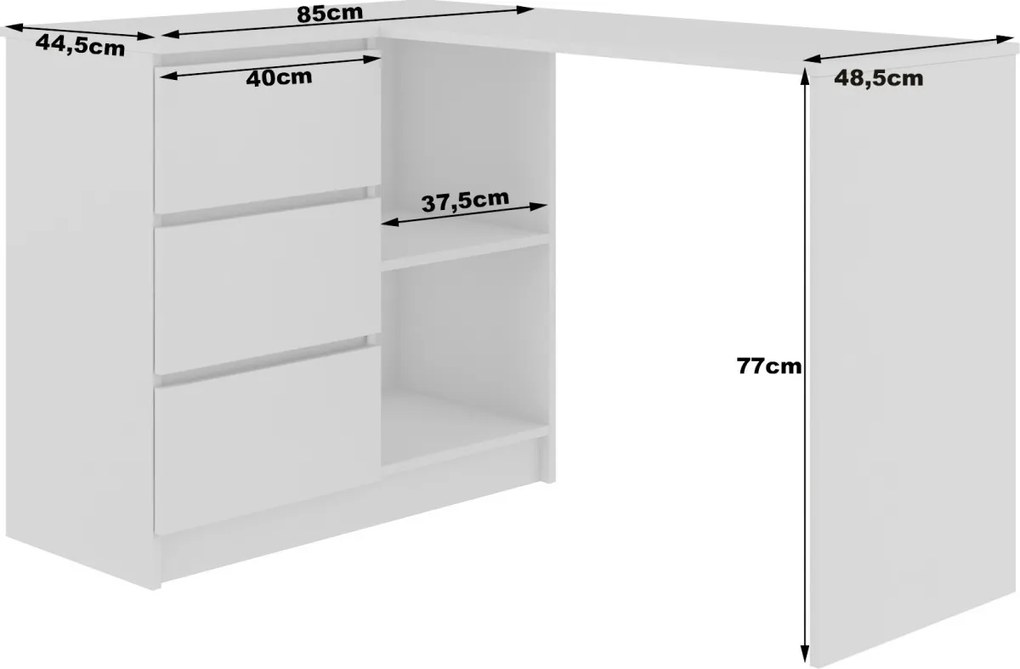 Rohový písací stôl B16 124 cm bílý/bílý lesk levý